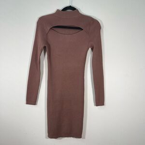 Active USA Ribbed Cutout Brown Turtleneck Long Sleeve Mini Dress -  Medium